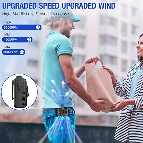 Koonie Portable Waist Fan, 5200RPM Strong Airflow 23H Working Time Hands-free Necklace Fan, Battery Powered 3-Speed Personal Fan 8000mAh for T-shirts, Jacket, Clothes, Fishing, Gardening, Climbing