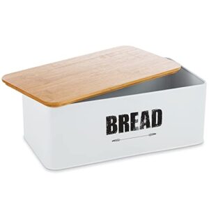 zali bread box for kitchen countertop, white farmhouse bread box with bamboo lid, bread container for kitchen counter, bread holder storage kitchen decor, vintage design