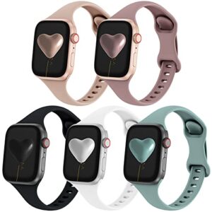 qrose 5 pack bands compatible with apple watch 38mm 40mm 41mm 42mm 44mm 45mm 49mm, slim thin narrow replacement silicone sport strap wristbands for iwatch series ultra 8/7/6/5/4/3/2/1 se women men