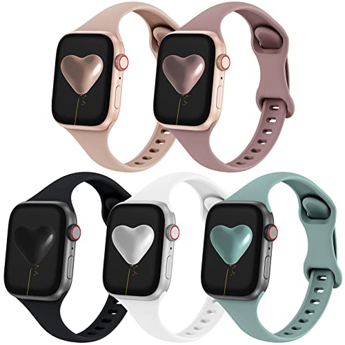 QRose 5 Pack Bands Compatible with Apple Watch 38mm 40mm 41mm 42mm 44mm 45mm 49mm, Slim Thin Narrow Replacement Silicone Sport Strap Wristbands for iWatch Series Ultra 8/7/6/5/4/3/2/1 SE Women Men