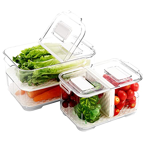 REFSAVER Produce Container Bins for Refrigerator Fruit Storgae Container with Foldable Lid Fridge Produce Saver with Removable Drain Tray Vegetable Baskets for Kitchen