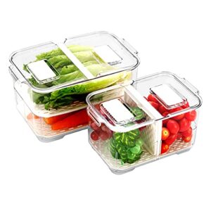 REFSAVER Produce Container Bins for Refrigerator Fruit Storgae Container with Foldable Lid Fridge Produce Saver with Removable Drain Tray Vegetable Baskets for Kitchen