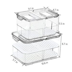 REFSAVER Produce Container Bins for Refrigerator Fruit Storgae Container with Foldable Lid Fridge Produce Saver with Removable Drain Tray Vegetable Baskets for Kitchen