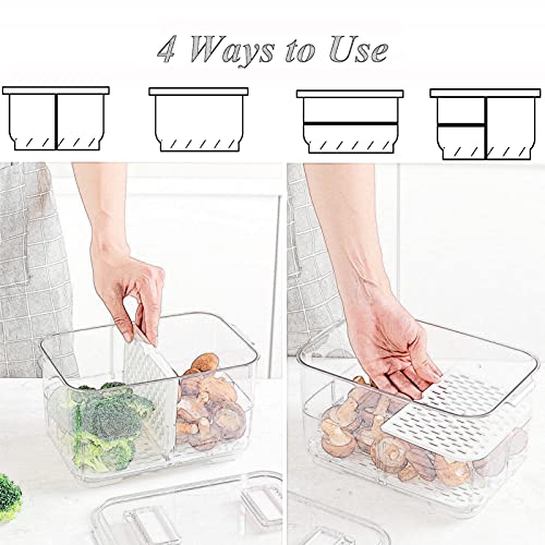 REFSAVER Produce Container Bins for Refrigerator Fruit Storgae Container with Foldable Lid Fridge Produce Saver with Removable Drain Tray Vegetable Baskets for Kitchen