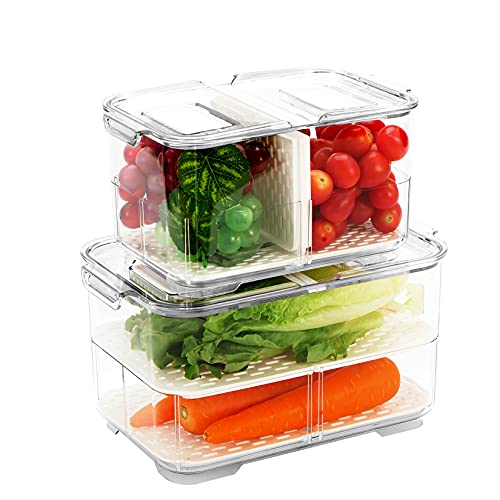 REFSAVER Produce Container Bins for Refrigerator Fruit Storgae Container with Foldable Lid Fridge Produce Saver with Removable Drain Tray Vegetable Baskets for Kitchen