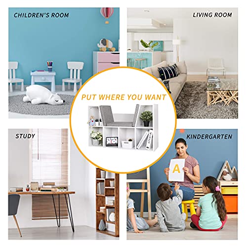 MUPATER Kids Reading Nook Organizer with Storage Bookshelf and Detachable Cushions, 6-Cubby Bookcase Cabinet for Kids Room and Bedroom, White