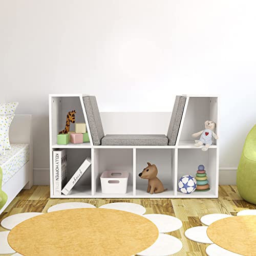 MUPATER Kids Reading Nook Organizer with Storage Bookshelf and Detachable Cushions, 6-Cubby Bookcase Cabinet for Kids Room and Bedroom, White
