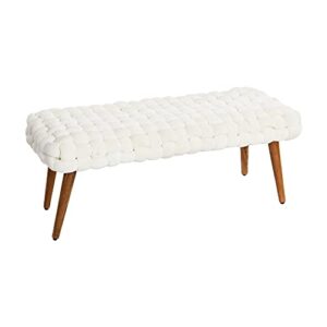 main + mesa boho chunky woven velvet entryway bench with wood legs, cream and natural