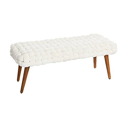 Main + Mesa Boho Chunky Woven Velvet Entryway Bench with Wood Legs, Cream and Natural