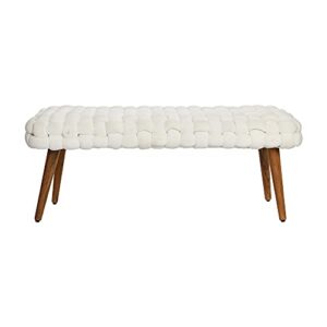 Main + Mesa Boho Chunky Woven Velvet Entryway Bench with Wood Legs, Cream and Natural