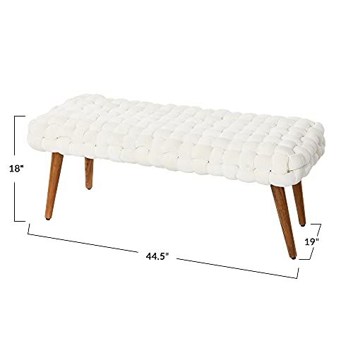 Main + Mesa Boho Chunky Woven Velvet Entryway Bench with Wood Legs, Cream and Natural