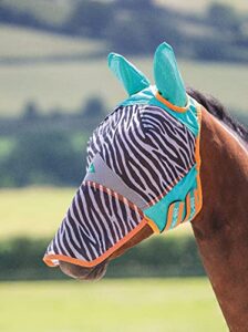 shires horse equine fly mask with ears and zip off nose uv protection zebra (cob)
