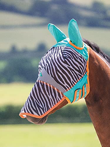 Shires Horse Equine Fly Mask with Ears and Zip Off Nose UV Protection Zebra (Cob)