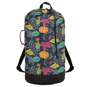 autumn fall leaves pumpkins laundry bag heavy duty laundry backpack with shoulder straps handles travel laundry bag drawstring closure dirty clothes organizer for apartment college dorm laundromat