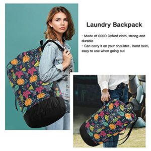 Autumn Fall Leaves Pumpkins Laundry Bag Heavy Duty Laundry Backpack with Shoulder Straps Handles Travel Laundry bag Drawstring Closure Dirty Clothes Organizer For Apartment College Dorm Laundromat