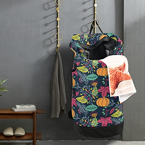 Autumn Fall Leaves Pumpkins Laundry Bag Heavy Duty Laundry Backpack with Shoulder Straps Handles Travel Laundry bag Drawstring Closure Dirty Clothes Organizer For Apartment College Dorm Laundromat