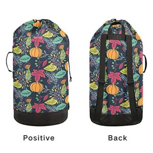 Autumn Fall Leaves Pumpkins Laundry Bag Heavy Duty Laundry Backpack with Shoulder Straps Handles Travel Laundry bag Drawstring Closure Dirty Clothes Organizer For Apartment College Dorm Laundromat