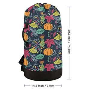 Autumn Fall Leaves Pumpkins Laundry Bag Heavy Duty Laundry Backpack with Shoulder Straps Handles Travel Laundry bag Drawstring Closure Dirty Clothes Organizer For Apartment College Dorm Laundromat