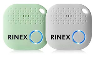 bluetooth key finder – key locator device with app, siri compatibility, & extra battery – anti-lost keychain tracker device for phone by rinex- 2 pack & green and white