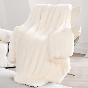 super soft faux fur throw blanket, reversible lightweight fluffy blanket, long hair plush shaggy throw blanket for couch, sofa, chair, 51x62 inches, cream white