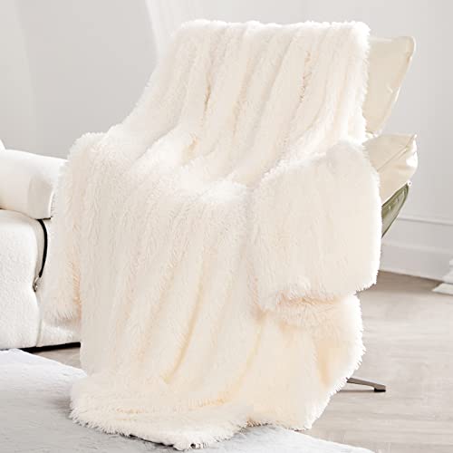 Super Soft Faux Fur Throw Blanket, Reversible Lightweight Fluffy Blanket, Long Hair Plush Shaggy Throw Blanket for Couch, Sofa, Chair, 51x62 inches, Cream White