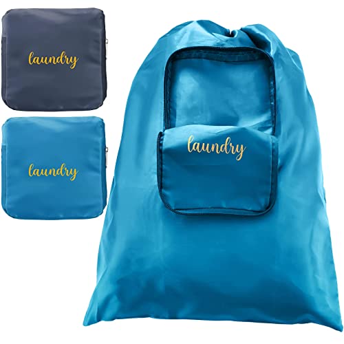 2 Pieces Travel Laundry Bag Small Dirty Clothes Bags for Traveling Lightweight and Expandable Laundry Bag for Suitcase with Zipper and Drawstring Nylon (Blue, Gray, Classical Pattern)