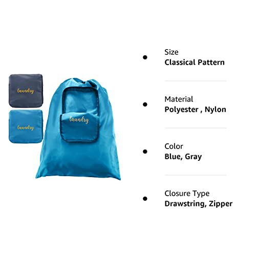 2 Pieces Travel Laundry Bag Small Dirty Clothes Bags for Traveling Lightweight and Expandable Laundry Bag for Suitcase with Zipper and Drawstring Nylon (Blue, Gray, Classical Pattern)