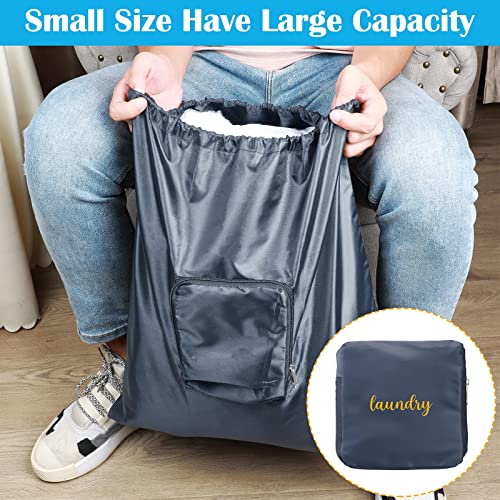 2 Pieces Travel Laundry Bag Small Dirty Clothes Bags for Traveling Lightweight and Expandable Laundry Bag for Suitcase with Zipper and Drawstring Nylon (Blue, Gray, Classical Pattern)