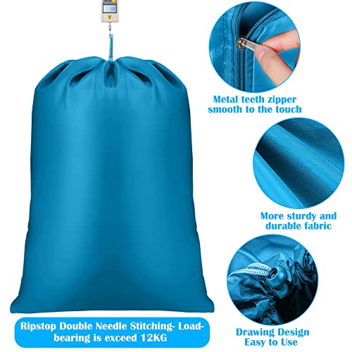 2 Pieces Travel Laundry Bag Small Dirty Clothes Bags for Traveling Lightweight and Expandable Laundry Bag for Suitcase with Zipper and Drawstring Nylon (Blue, Gray, Classical Pattern)