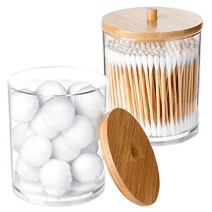 COSMARK 2 Pack Acrylic Qtip Holder Apothecary Jars with Bamboo Lids for Cotton Ball Pad Round Swab