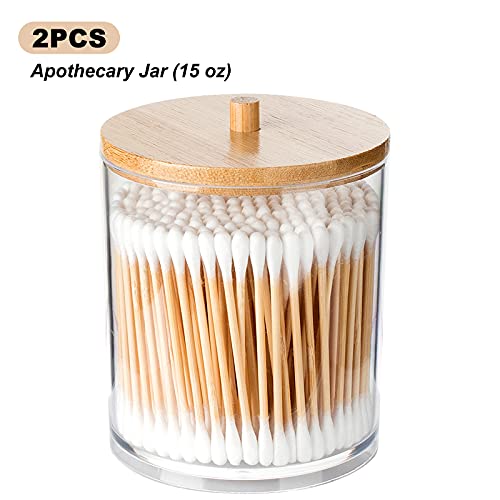 COSMARK 2 Pack Acrylic Qtip Holder Apothecary Jars with Bamboo Lids for Cotton Ball Pad Round Swab