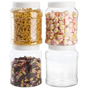 okllen 4 pack 80 oz clear plastic jars with lids, large empty storage containers round canisters for nut, honey, jam, dry food storage, wide mouth, bpa free, white cap
