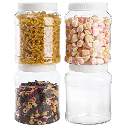 Okllen 4 Pack 80 Oz Clear Plastic Jars with Lids, Large Empty Storage Containers Round Canisters for Nut, Honey, Jam, Dry Food Storage, Wide Mouth, BPA Free, White Cap