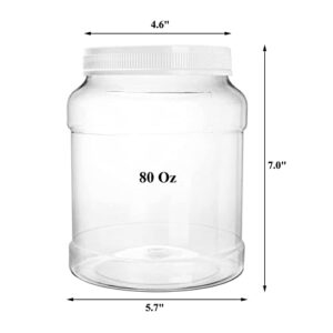 Okllen 4 Pack 80 Oz Clear Plastic Jars with Lids, Large Empty Storage Containers Round Canisters for Nut, Honey, Jam, Dry Food Storage, Wide Mouth, BPA Free, White Cap