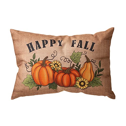 glitzhome Happy Fall Throw Pillows with Insert, 17.72" Pumpkin Throw Pillow for Sofa Couch Bed Great Faux Burlap Pillow for Fall Harvest Thanksgiving Home Office Decorative Throw Waist Lumbar Pillow