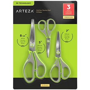 arteza household scissors, set of 3 â€“ 5, 7, and 8.25 inches, all-purpose scissors with 3d blades of stainless steel, home supplies for crafting, cooking, and school projects