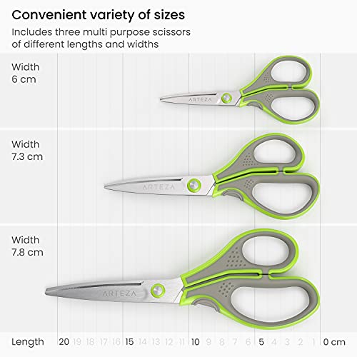 Arteza Household Scissors, Set of 3 â€“ 5, 7, and 8.25 Inches, All-Purpose Scissors with 3D Blades of Stainless Steel, Home Supplies for Crafting, Cooking, and School Projects