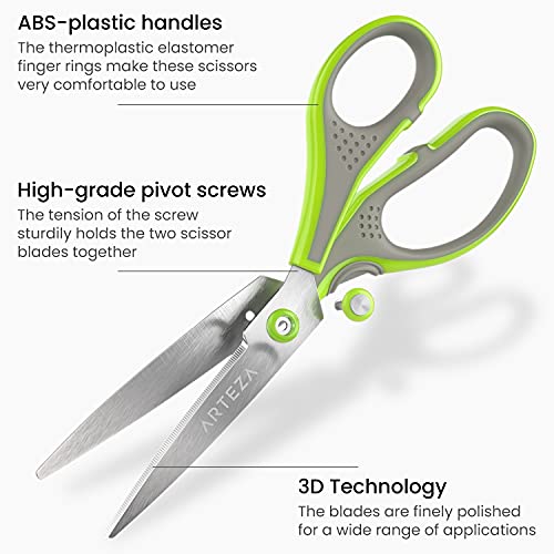 Arteza Household Scissors, Set of 3 â€“ 5, 7, and 8.25 Inches, All-Purpose Scissors with 3D Blades of Stainless Steel, Home Supplies for Crafting, Cooking, and School Projects