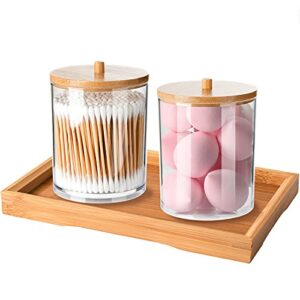 qtip holder dispenser with bamboo vanity tray, acrylic apothecary jars bathroom canisters for cotton ball pad round swab