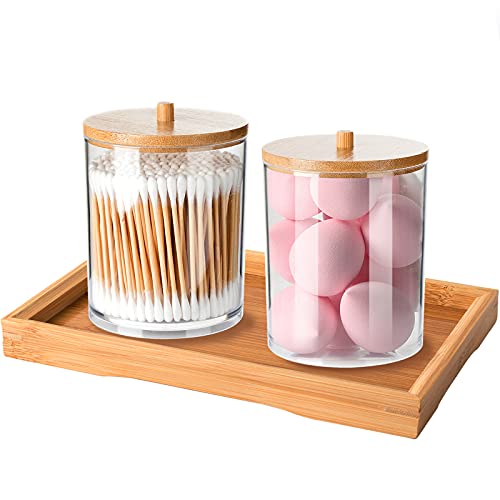 Qtip Holder Dispenser with Bamboo Vanity Tray, Acrylic Apothecary Jars Bathroom Canisters for Cotton Ball Pad Round Swab