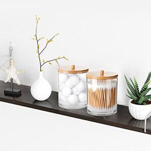 Qtip Holder Dispenser with Bamboo Vanity Tray, Acrylic Apothecary Jars Bathroom Canisters for Cotton Ball Pad Round Swab