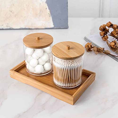 Qtip Holder Dispenser with Bamboo Vanity Tray, Acrylic Apothecary Jars Bathroom Canisters for Cotton Ball Pad Round Swab