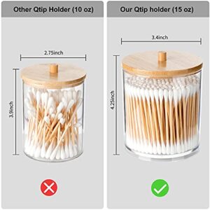 Qtip Holder Dispenser with Bamboo Vanity Tray, Acrylic Apothecary Jars Bathroom Canisters for Cotton Ball Pad Round Swab