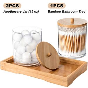 Qtip Holder Dispenser with Bamboo Vanity Tray, Acrylic Apothecary Jars Bathroom Canisters for Cotton Ball Pad Round Swab