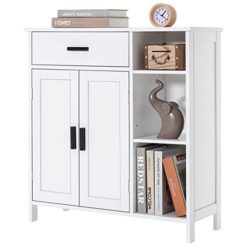 WEENFON Bathroom Floor Storage Cabinet, Kitchen Storage Cabinet with Doors and Shelves, Freestanding Storage Cabinet with Drawers, Floor Cabinet for Living Room, Bedroom, Bathroom, Kitchen, White