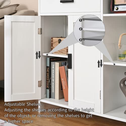 WEENFON Bathroom Floor Storage Cabinet, Kitchen Storage Cabinet with Doors and Shelves, Freestanding Storage Cabinet with Drawers, Floor Cabinet for Living Room, Bedroom, Bathroom, Kitchen, White