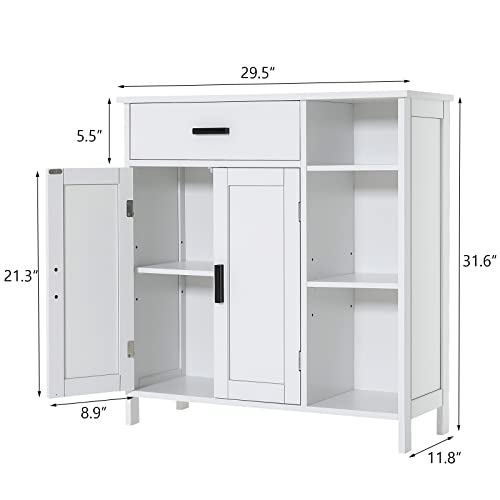 WEENFON Bathroom Floor Storage Cabinet, Kitchen Storage Cabinet with Doors and Shelves, Freestanding Storage Cabinet with Drawers, Floor Cabinet for Living Room, Bedroom, Bathroom, Kitchen, White