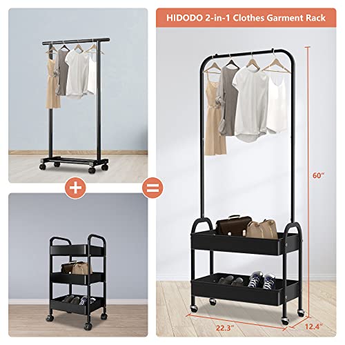 HIDODO Black Clothing Rack, Portable Garment Rack Rolling Clothes Organizer with 2 Tier Metal Baskets, Laundry Cart with Hanging Rack, Small Wardrobe Rack on Wheels for Bedroom, Laundry and Entryway