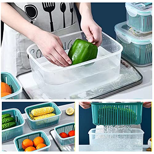 5 Pack Produce Saver Refrigerator Organizer Bins, 3-in-1 Multifunctional Draining Crisper with Strainers, Fresh-Keeping Container Storage Containers for Produce, Fruits, Vegetables, Meat and Fish (5)