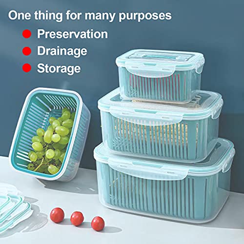 5 Pack Produce Saver Refrigerator Organizer Bins, 3-in-1 Multifunctional Draining Crisper with Strainers, Fresh-Keeping Container Storage Containers for Produce, Fruits, Vegetables, Meat and Fish (5)